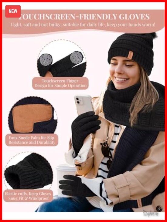 Winter Beanie Scarf Gloves Set, Fleece Lined Pom Pom Hat, Touchscreen Gloves main image 5